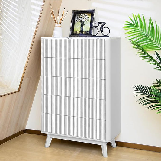 Fluted 5 Drawers Dresser for Bedroom, 47" Tall Handleless Chest of Drawers with Faux Marble Top, Curved Profile Design, Wood Drawer Organizerfor forLiving Room, Hallway, Entryway, White