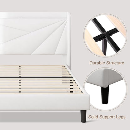 Queen Size Upholstered Bed Frame with Charging Station, Platform Bed Frame with Storage Headboard, Solid Wood Slats Support, No Box Spring Needed, White
