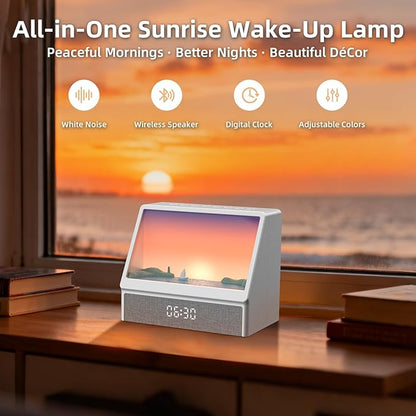 Ocean Sunrise Alarm Clock Wake Up Light, 6 Nature Scenes, White Noise, Sunset Simulation, Sleep Aid Night Light for Bedroom, Kids and Adults