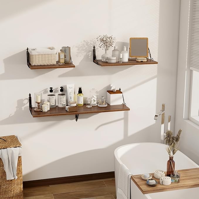 Dreamland Deep Floating Shelves, 40" W x 12" D Wall Shelves Set of 2, Wide Display Shelf Wall Mounted with Brackets, Bookshelf for Living Room, Bathroom, Bedroom, Walnut