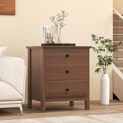 Giantex Nightstand with 3 Drawers, Wooden Side End Table with Solid Wood Legs, Retro 3-Drawer Bedside Table Night Stand for Bedroom Home Office Small Space, Easy Assembly, Brown