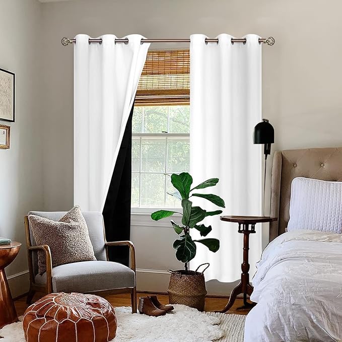BGment Thermal Insulated 100% Blackout Curtains for Bedroom with Black Liner, Double Layer Full Room Darkening Noise Reducing Grommet Curtain (42 x 84 Inch, Pure White, 2 Panels)