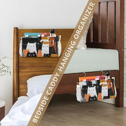 Bedside Caddy Hanging Bunk Bed Caddy Bed Organizer Hanging Pocket with 2 Hooks Bedside Storage Organizer Pocket Bag Holder Black and White Orange Cat