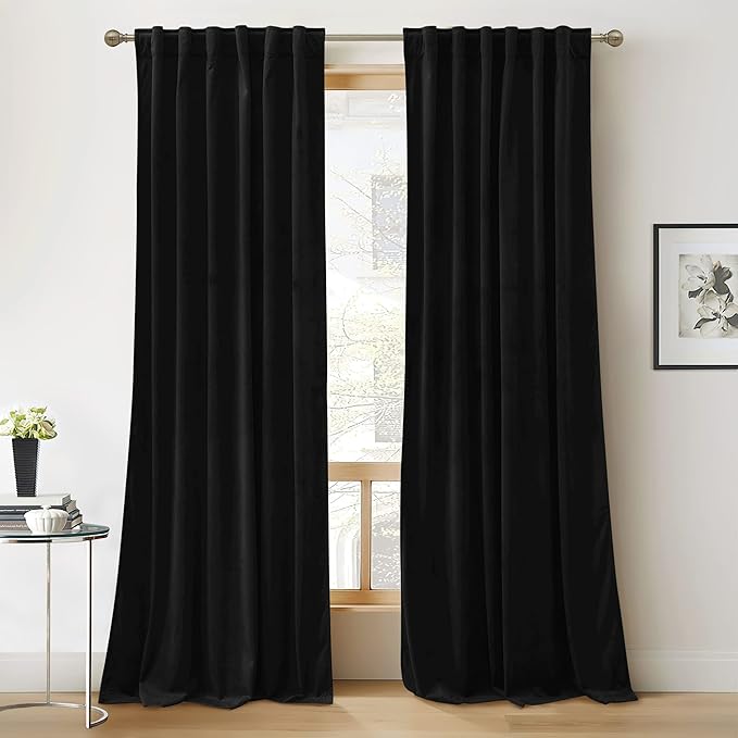 RYB Home Black Velvet Curtains 90 inches - Blackout Heavy Duty Curtains Soft Luxury Back Tab Window Covering Privacy Protection for Kids Room Bathroom Basement, Black, W52 x L90 inches, 2 Panels