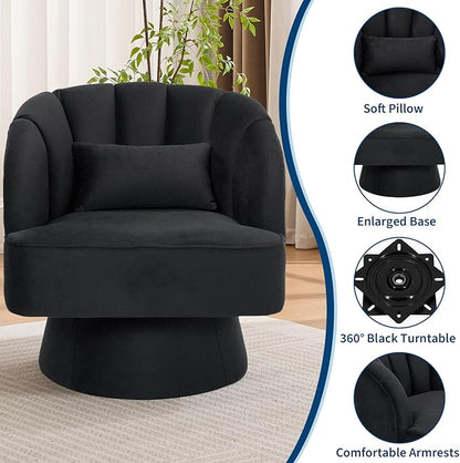 GarveeHome Modern Swivel Barrel Accent Chair, 360 Degree Velvet Upholstered Armchair with Striped Backrest & Plush Padding, Comfy Round Lounge Chair for Living Room, Bedroom, Reading Nook, Black