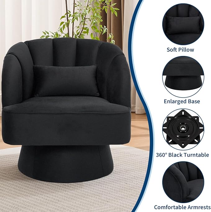 GarveeHome Modern Swivel Barrel Accent Chair, 360 Degree Velvet Upholstered Armchair with Striped Backrest & Plush Padding, Comfy Round Lounge Chair for Living Room, Bedroom, Reading Nook, Black 2 PCS
