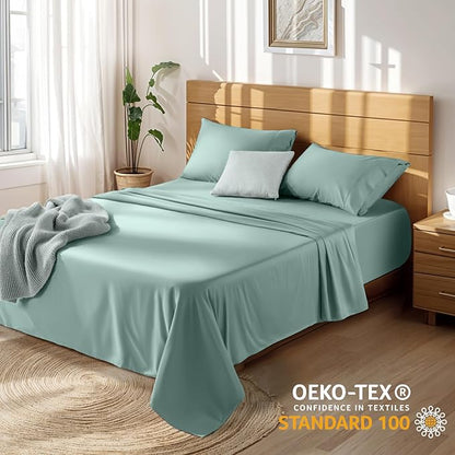 LBRO2M 100% Cotton Sheets Set Deep Pocket 19", 1000 Thread Count California King Size 4 Piece Bed Sheet Sets Soft Comfortable Bedding All Season (California King, Sage Green)