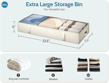 2-Pack Under Bed Storage, 6 Inches Tall Closet Organizers and Storage Bins with Sturdy Sidewalls/Bottom/4 Handles, Beige