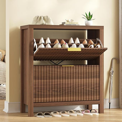 Shoe Cabinet Storage for Entryway, Fluted Shoe Cabinet with 2 Flip Drawers, Hidden Shoe Rack Tall Freestanding Shoe Organizer with Legs for Hallway, Walnut
