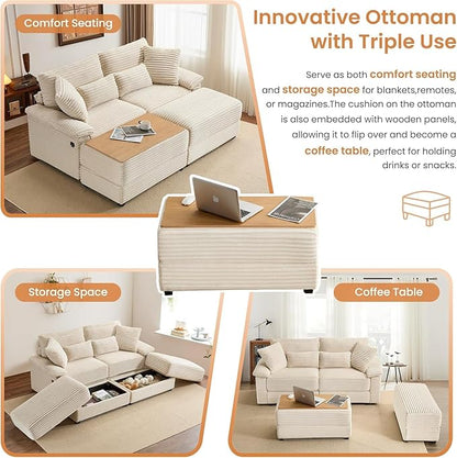74" Double Chaise Lounge Chair Indoor, Oversized Loveseat with Removeable Ottoman, Corduroy Couch with USB Charging, Storage Ottoman, and Coffee Table Cushions for Living Room (2 Chaise Beige)