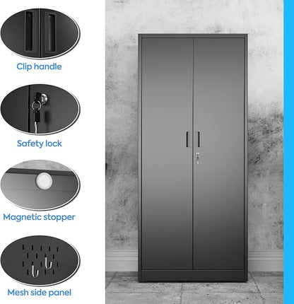 27.55 in Wide Garage Storage Cabinet, Metal Storage Cabinet with Pegboards and 4 Adjustable Shelves, Garage Storage System with Lockable Door for Offices, Gyms and Pantries, Black