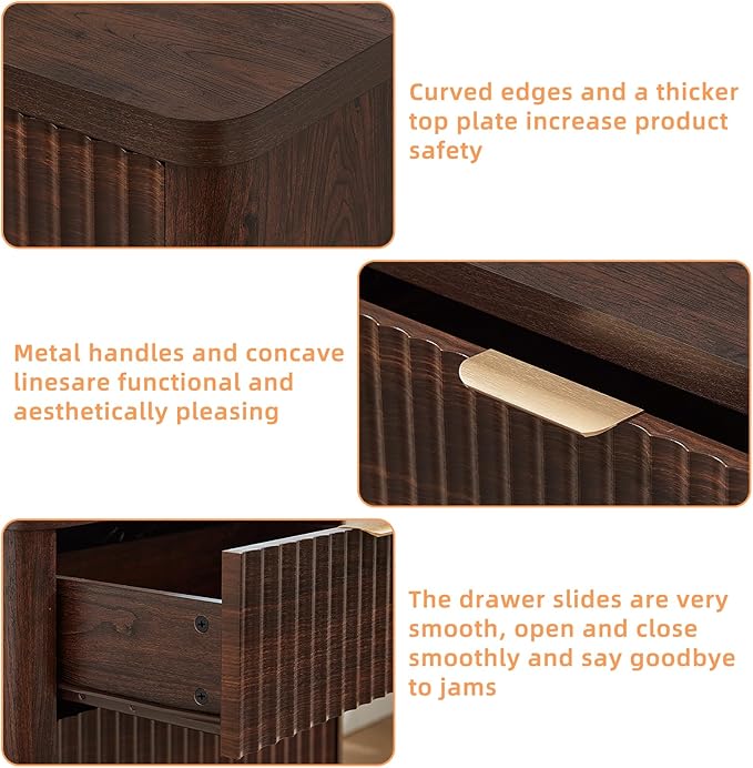 LEYAOYAO 23" Wide Fluted Farmhouse Night Stand Set of 2 with Charging Station, 3 Drawers Large End Table w/Metal Handle, Walnut Nightstand Bedside Table,Wood Dresser for Bedroom, Closet
