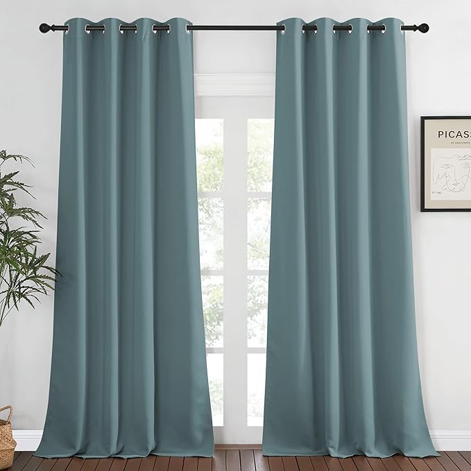 NICETOWN Blackout Greyish Blue Curtain & Drape 108 inches Long - Energy Saving Thermal Drape Grommet Sound Reducing Light Blocking Window Treatment for Bedroom (1 Panel, W52 x L108)