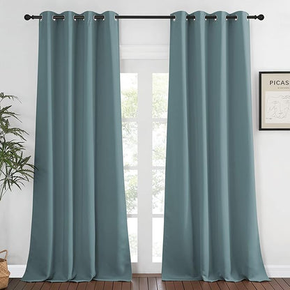 NICETOWN Blackout Greyish Blue Curtain 95 inches Long, Energy Saving Thermal Drape Grommet Sound Reducing Light Blocking Window Treatment for Bedroom, 1 Panel, W52 x L95