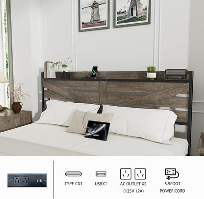 Queen Size Wooden Bed Frame with 12 Storage Drawers and Headboard, Farmhouse Platform Bed Frame with Charging Station, No Box Spring Needed, Stable and Solid, Noise Free. (Oak, Queen)