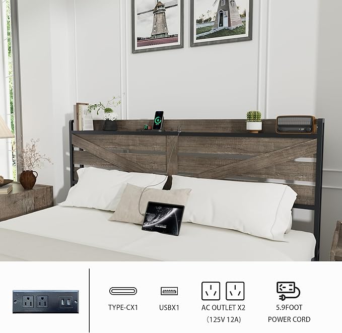 King Size Wooden Bed Frame with 12 Storage Drawers and Headboard, Farmhouse Platform Bed Frame with Charging Station, No Box Spring Needed, Stable and Solid, Noise Free. (Oak, King)