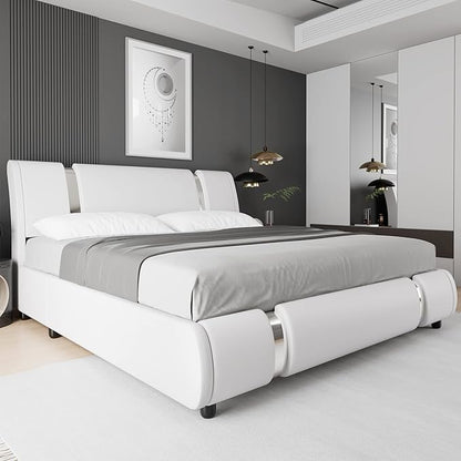 TTVIEW Modern Faux Leather Upholstered Platform Bed Frame with Iron Metal Decor, Adjustable Curved Headboard, Wooden Slats Support, No Box Spring Needed, Queen Size, White