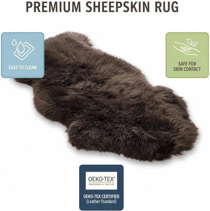 Genuine Dark Brown Sheepskin Rug 2x3 ft, Real Fluffy Single Pelt Fur Accent Rug for Chair, Seat Cover, Nursery & Home Decor, Natural & Soft Shaggy Throw