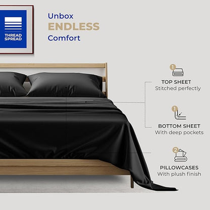 THREAD SPREAD 100% Cotton Sheets King Size - 400 Thread Count King Size Sheets Set (4 PC, Black), 16" Deep Pocket All Around Elastic, Soft, Cooling, Durable & Breathable Sateen Weave Bed Sheet Set