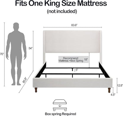 King Size Upholstered Platform Bed with 54" Tall Wingback Headboard/Elegant Upholstered Bed Frame Without Wooden Slats/Box Spring Required/Easy Assembly/Textured Ivory Canvas