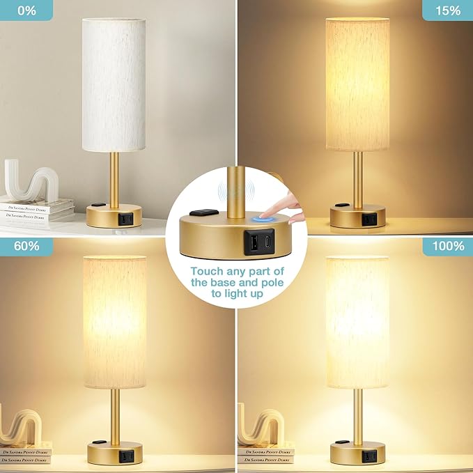 Fenmzee Gold Nightstand Bedroom Lamp - 3 Way Dimmable Bedside Lamp USB C A Charging Ports and AC Outlet, Small Table Lamp Linen Lampshade for Office Desk, LED Bulb Included