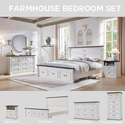 Farmhouse King Size Bed Frame with 51" Tall Headboard, Wood Platform Bed Frame with 20" Tall Roman Column Decoration Footboard & 3 Large Storage Drawers, No Box Spring Needed (White)