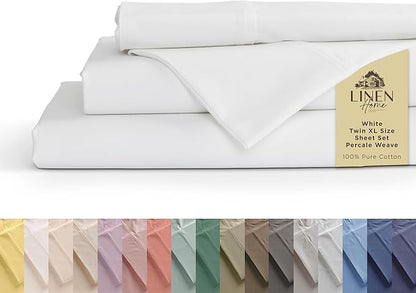 Linen Home 100% Cotton Percale Sheets Twin XL Size, White, Deep Pocket, 3 Pieces Set - 1 Flat, 1 Deep Pocket Fitted Sheet and 1 Pillowcase, Crisp Cool and Strong Bed Linen
