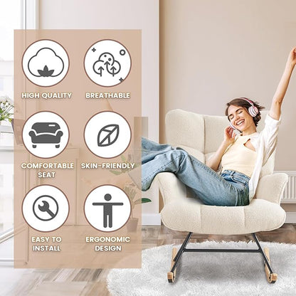 Rocking Chair Nursery Teddy Upholstered Glider Rocker Rocking Accent Chair Padded Seat with High Backrest Armchair Comfy Side Chair for Living Room Bedroom Offices (Ivory Teddy)