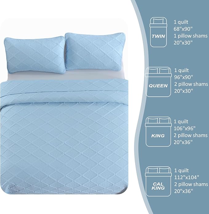 Yiran Ash Blue Quilt Set Queen Size, 3 Piece Reversible Bedspreads Bedding Set, Fall Diamond Pattern Coverlet for All Season with 2 Pillow Shams (Full/Queen, 96x90 Inch)