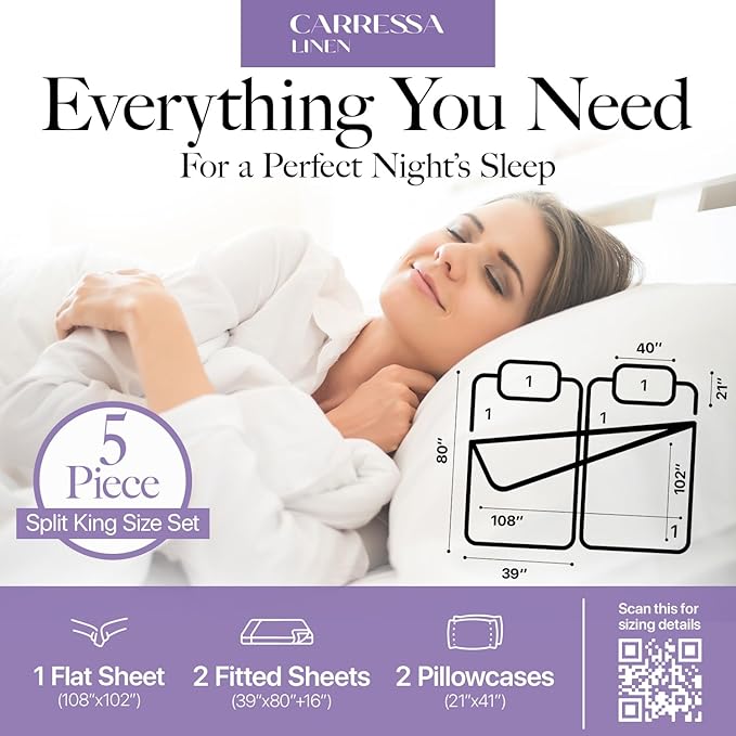 Carressa Linen Split King Sheets Sets for Adjustable Bed - 100% Egyptian Cotton 600 Thread Count 5 PC Top Split King Sheet Set (Sage Green), 16" Deep Pocket Silky Soft Cooling Luxury Hotel Sheets