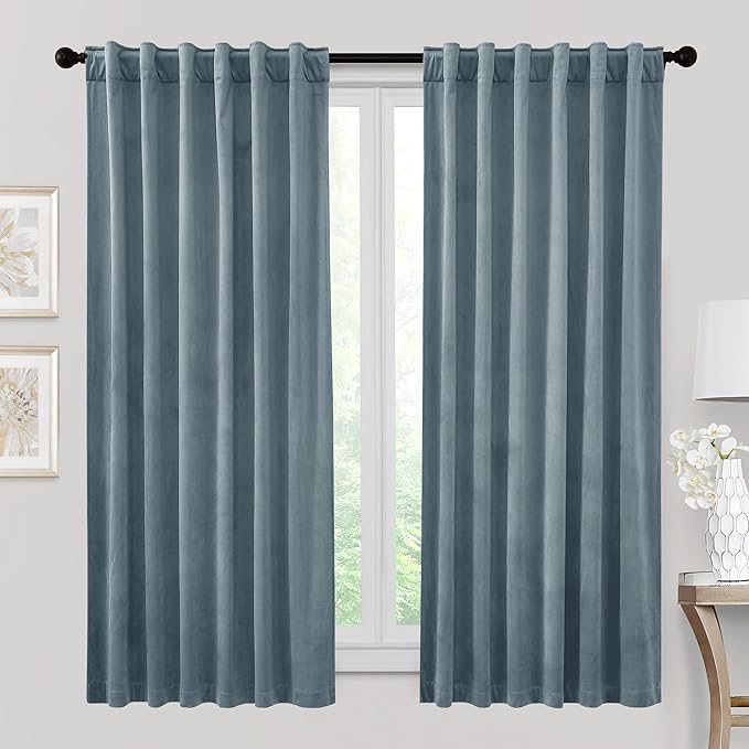 RYB HOME Stone Blue Velvet Curtains - Blackout Curtains for Nursery Thermal Insulated Noise Reducing Soft Luxury Window Decor for Bedroom, Stone Blue, W52 x L72 inches, 2 Panels