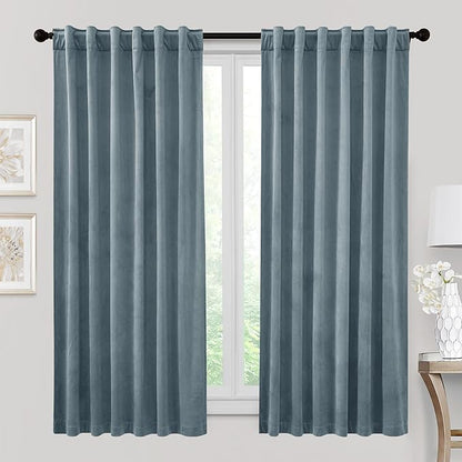 RYB HOME Stone Blue Velvet Curtains - Blackout Curtains for Nursery Thermal Insulated Noise Reducing Soft Luxury Window Decor for Bedroom, Stone Blue, W52 x L72 inches, 2 Panels