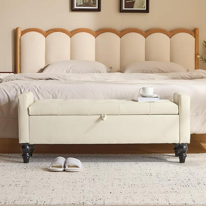 47" Storage Ottoman Bench, End of Bed Bench for Bedroom, Leather Upholstered Ottoman with Storage for Living Room, Entryway, Window (Beige)