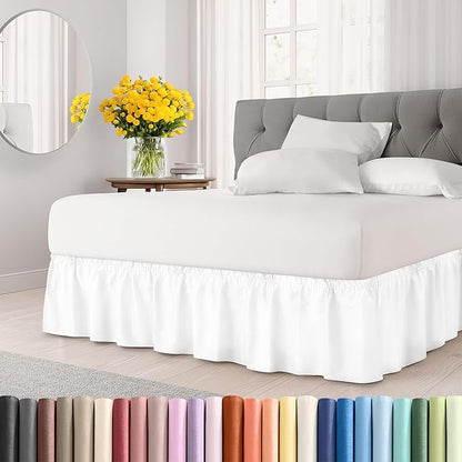 Wrap Around Dust Ruffle Bed Skirt - White - for Queen Size Beds with 21 Inch Drop - Easy Fit Elastic Strap - Adjustable Pleated Bedskirt w/Brushed Fabric - Wrinkle Free - for Women, Men, Kids & Teens
