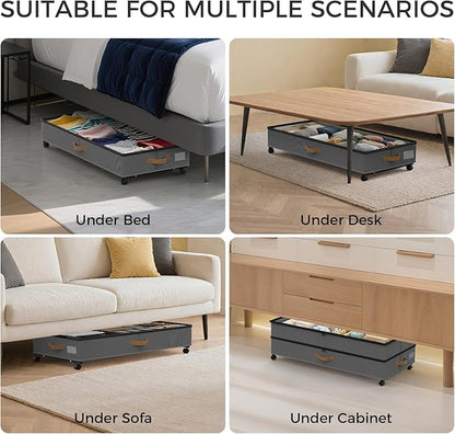 Under Bed Storage with Wheels 4-Pack, 75L XXL Under the Bed Storage Containers Large, 12" Tall Adjustable Storage for Underbed with Lids, Rolling for Shoes, Clothes, Blankets (4PCS-Grey)