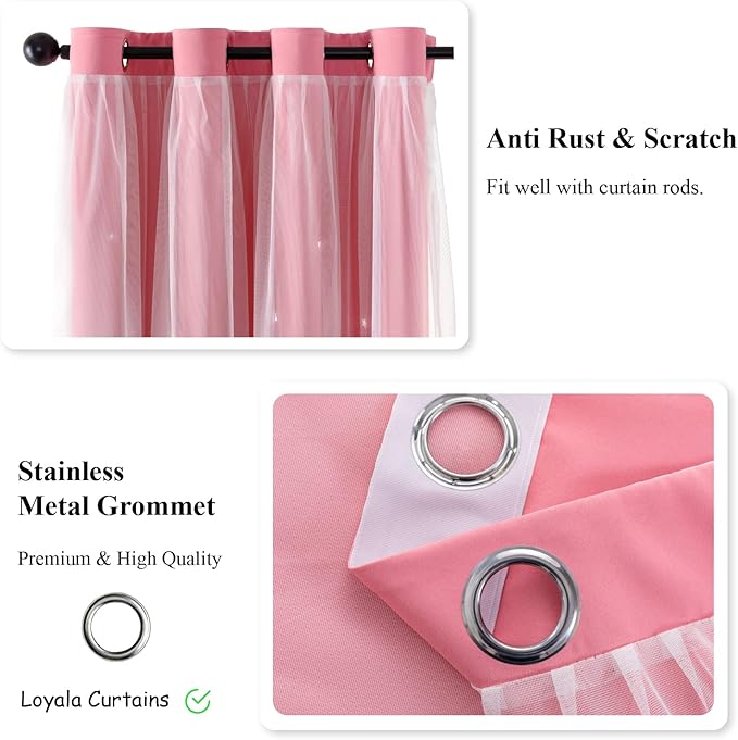 Star Double Layer Blackout Curtains for Bedroom & Kids, Cute, 108 Inches Long, 2 Panels Set, Pink, 42 X 108 Inches