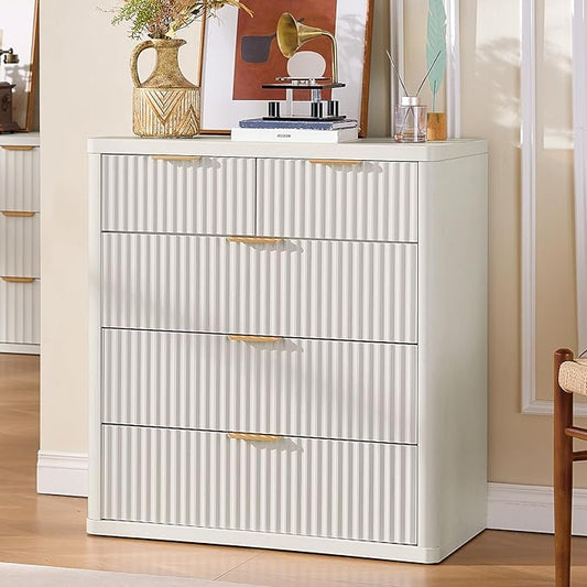 LEYAOYAO Fluted 5 Drawers Dresser for Bedroom, 34" Tall Modern Chest of Drawers with Metal Handle, Curved Profile Design,White Wood Drawer Organizer for Bedroom, Living Room, Hallway, Entryway