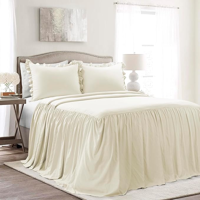 Lush Decor Ruffle Skirt Bedspread Set - 3 Piece Luxurious Farmhouse Bedding Set - Elegant, Charming Ruffle Detail - Timeless Style & Classic Design - Soft and Lightweight - Full, Ivory
