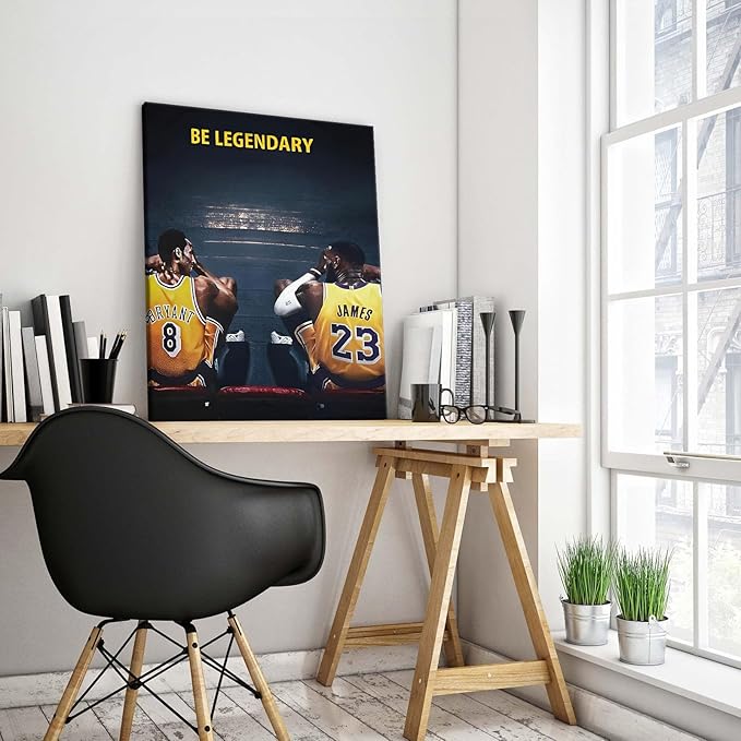 Kobe Bryant and LeBron James Canvas Wall Art Print Poster, Be Legendary Inspirational Sports Picture Artwork, Motivational Mamba Mentality Wall Decor for Home Office Gym Living Room, Framed 24x30inch