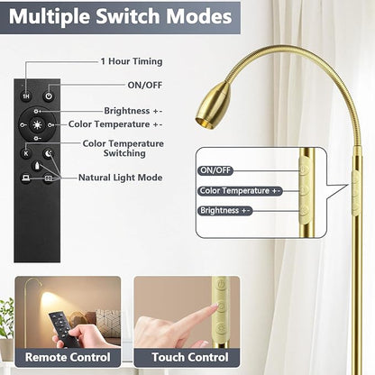 Reading Floor Lamp, 72" Tall LED Lamp with Flexible Gooseneck, Dimmable Zoomable Spotlight, Adjustable Color Beam Standing Lamp, Touch & Remote Control, Task Craft Bedroom Living Room (Light Gold)