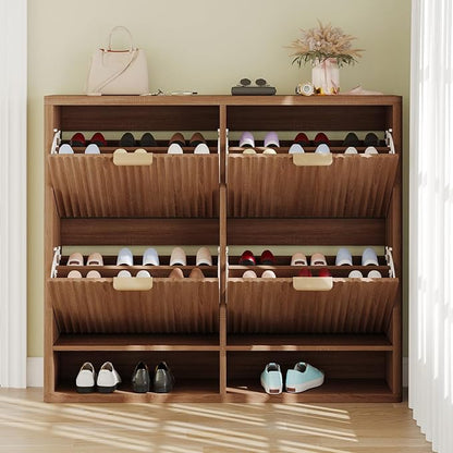 Fluted Shoe Cabinet Storage with 4 Flip Drawers, Narrow Shoe Storage Organizer for Entryway, Hidden Slim Wooden Shoe Rack Cabinet for Front Door Entrance, Hallway, Living Room (4-Drawer, Walnut)