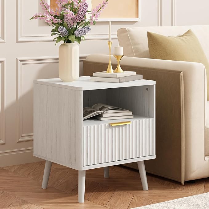 CARPETNAL Fluted Nightstand Set of 2, White Bedside Table with Drawer and Storage Shelf, Wood End Table Mid Century Night Stands for Bedroom Living Room