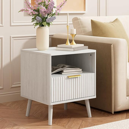 CARPETNAL Fluted Nightstand Set of 2, White Bedside Table with Drawer and Storage Shelf, Wood End Table Mid Century Night Stands for Bedroom Living Room
