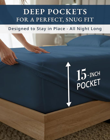 LANE LINEN 100% Egyptian Cotton Bed Sheets Full Size - 1000 Thread Count, Long Staple Mercerized Cotton Bedding Sheets, Luxury Hotel Like Thick 15" Deep Pocket, Reinforced French Seams - Estate Blue