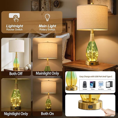 OYEARS 23" Table Lamps Set of 2,Farmhouse Lamps with Glass Nightlight, Bedside Lamps for Living Room, Rattan Lamps for Bedroom Nightstands, Two Light Points