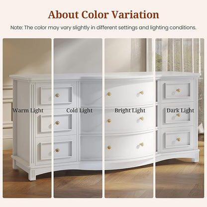 9-Drawer Chest, Wide Dresser with 3 Large Arc Fronts,Roman Column Decor, Spacious Bedroom Storage Furniture, 55 Inch Long (White, 9 Drawer)