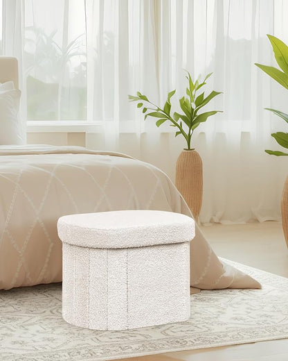 B FSOBEIIALEO Storage Ottoman for Dorm Room, Boucle Folding Storage Ottoman Foot Rest, 16.14 Inches Small Collapsible Ottoman Cube for Living Room White