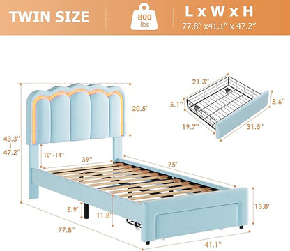Velvet Upholstered Twin LED Bed Frame with Storage Drawer and Adjustable Double Wavy Headboard, Princess Platform Bed for Kids/Girls/Boys, Solid Wood Slats Support,No Box Spring Needed,Blue