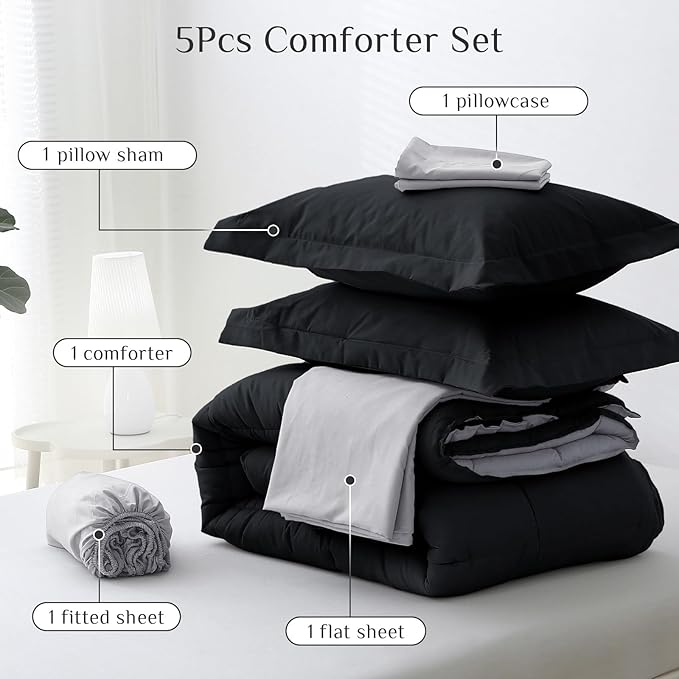 JOLLYVOGUE Twin XL Comforter Set, Ultra-Soft Bed in a Bag Twin XL Size 5 Pieces, Oeko-TEX Certified Bedding Set with Down Alternative Comforter, Sheets, Pillowcases & Shams, Black & Light Grey