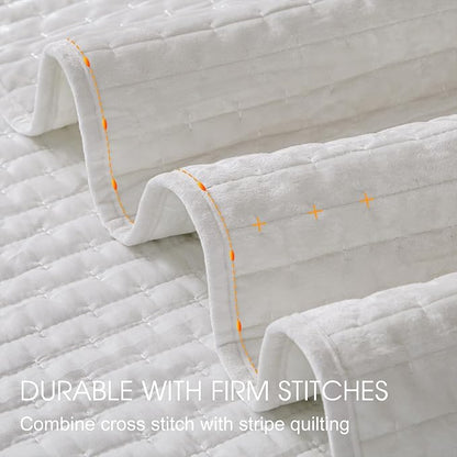 Powdion Velvet Quilt Queen Size, Oversized Bedspread Quilted Bedding Set, Luxurious Soft Coverlet Set Lightweight Velvet Comforter for All Season with Pillow Shams, 90x96 Striped White